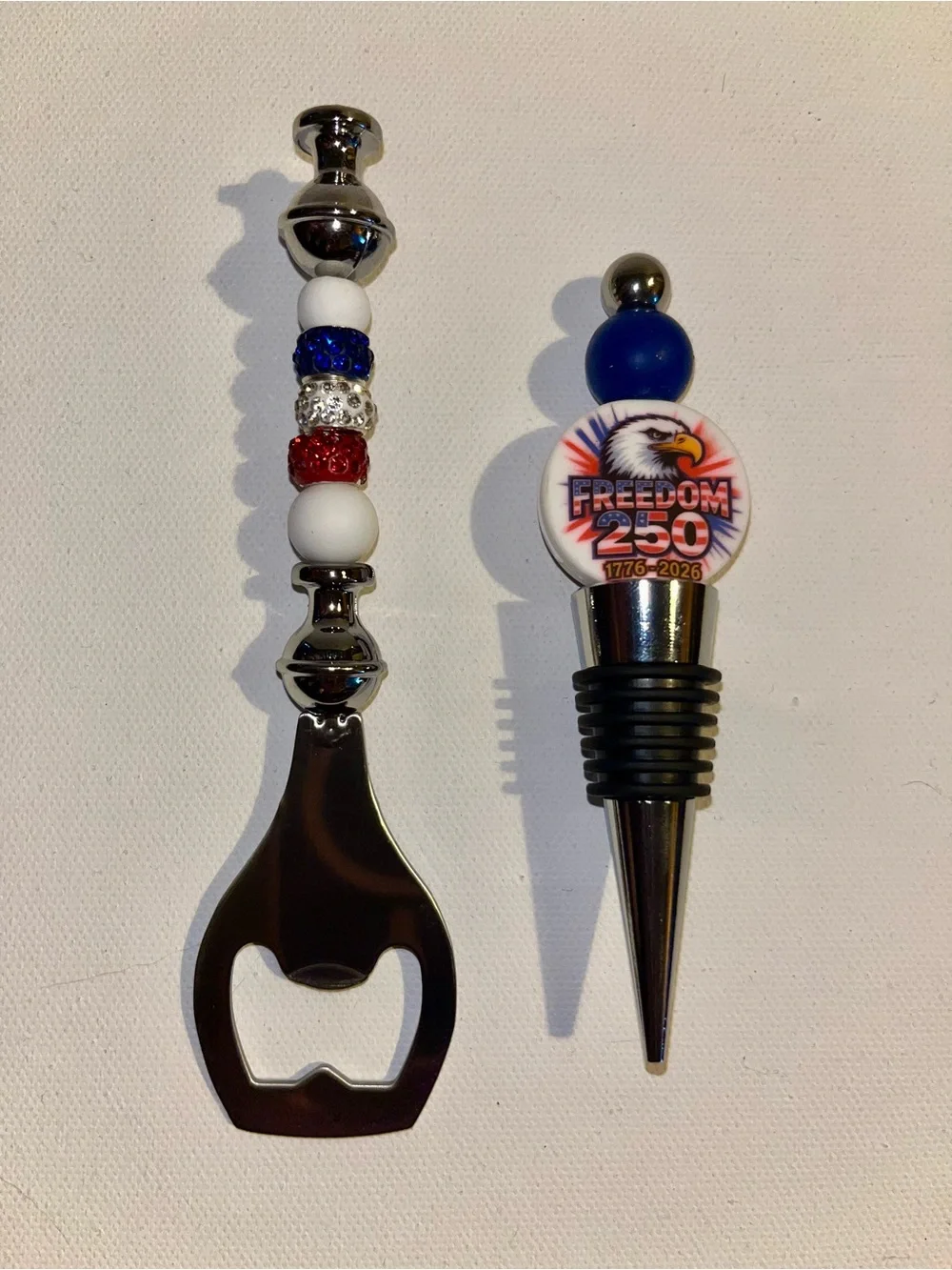 Patriotic Blue and Silver Bottle Stopper & Opener Set